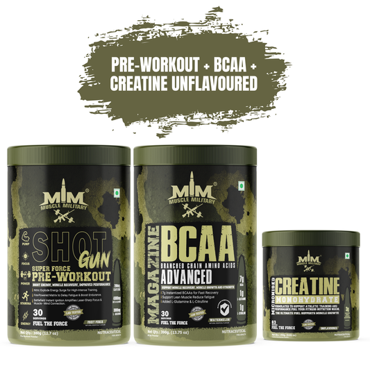 Muscle MIlitary PRE-WORKOUT SHOTGUN + MAGAZINE BCAA+ Micronised Creatine Monohydrate Unflavoured COMBO