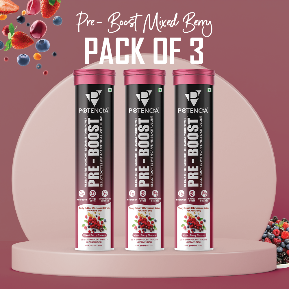 Pack of 3 Potencia PRE-BOOST | Mixed Berry | Pre-Workout Effervescent Tablets | Energy + Hydration + Pump | With Citrulline, Taurine, Caffeine & Beta-Alanine | 45 Tabs/Bottle