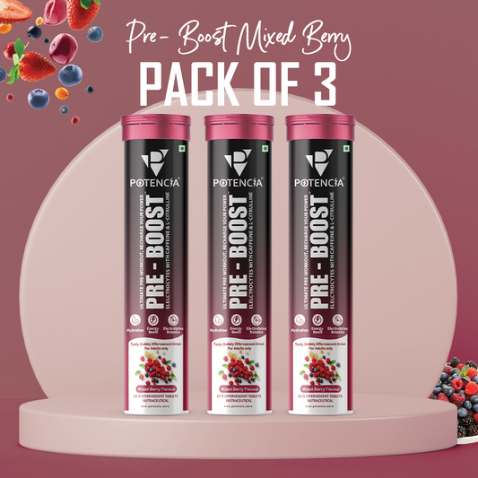 Pack of 3 Potencia PRE-BOOST | Mixed Berry | Pre-Workout Effervescent Tablets | Energy + Hydration + Pump | With Citrulline, Taurine, Caffeine & Beta-Alanine | 45 Tabs/Bottle