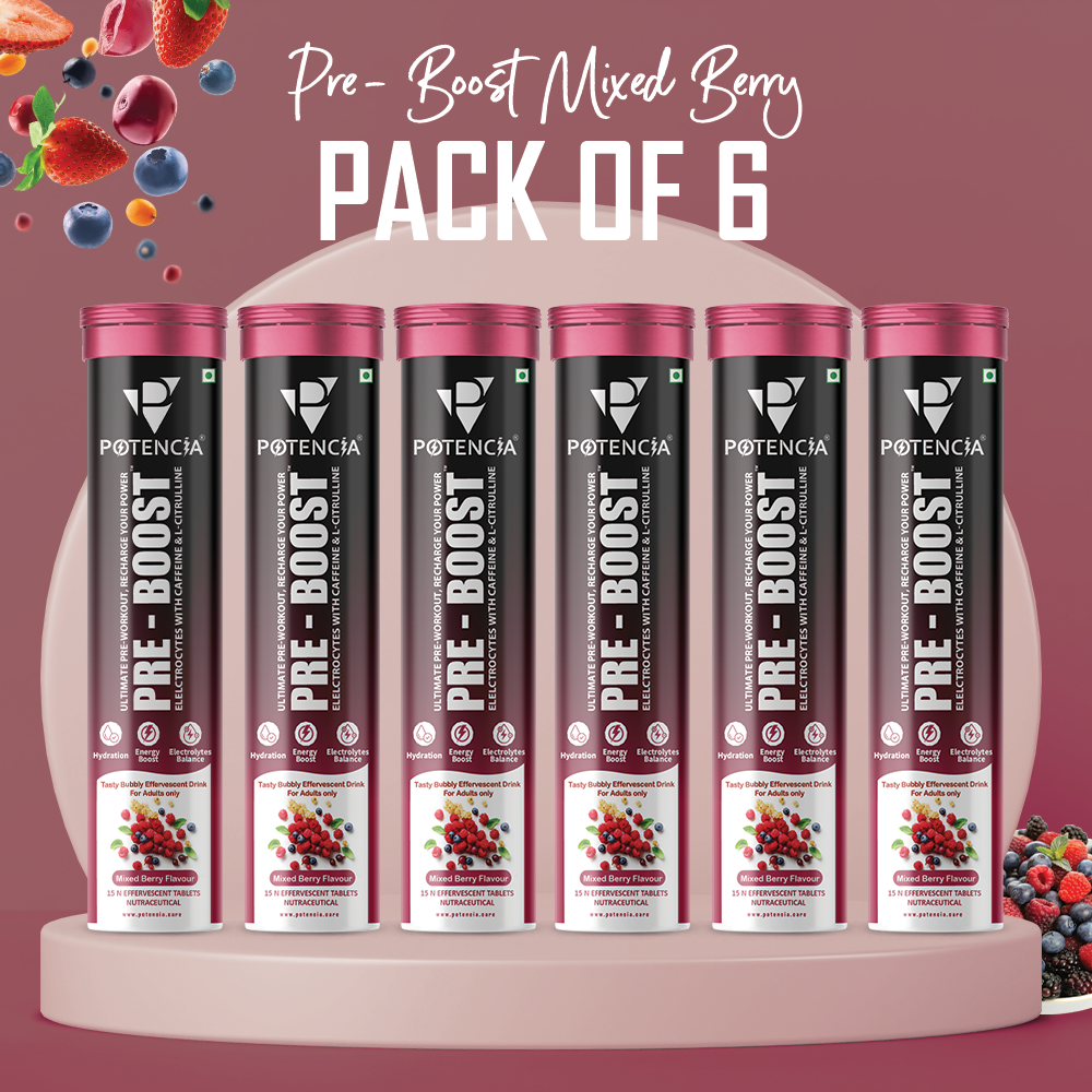 Potencia Pack of 6 Potencia PRE-BOOST | Mixed-Berry | Pre-Workout Effervescent Tablets | Energy + Hydration + Pump | With Citrulline, Taurine, Caffeine & Beta-Alanine | 15 Tabs/Bottle
