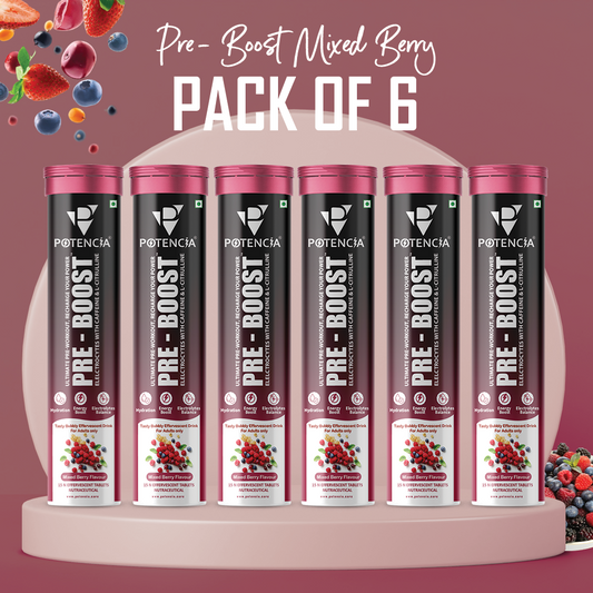 Potencia Pack of 6 Potencia PRE-BOOST | Mixed-Berry | Pre-Workout Effervescent Tablets | Energy + Hydration + Pump | With Citrulline, Taurine, Caffeine & Beta-Alanine | 15 Tabs/Bottle
