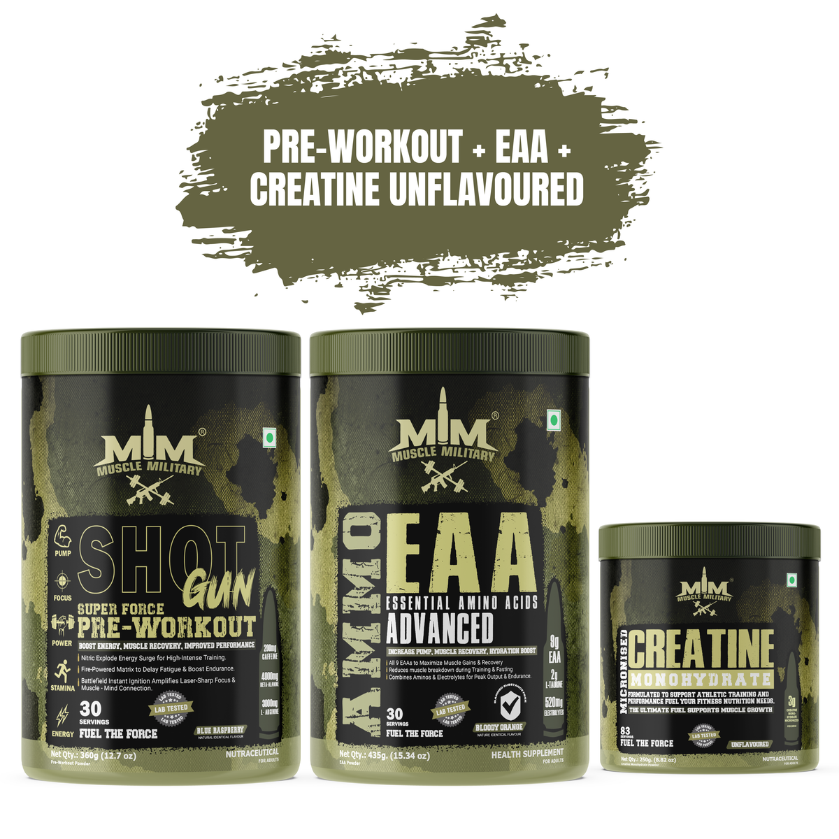 Muscle MIlitary PRE-WORKOUT SHOTGUN + AMMO EAA + Micronised Creatine Monohydrate Unflavoured COMBO