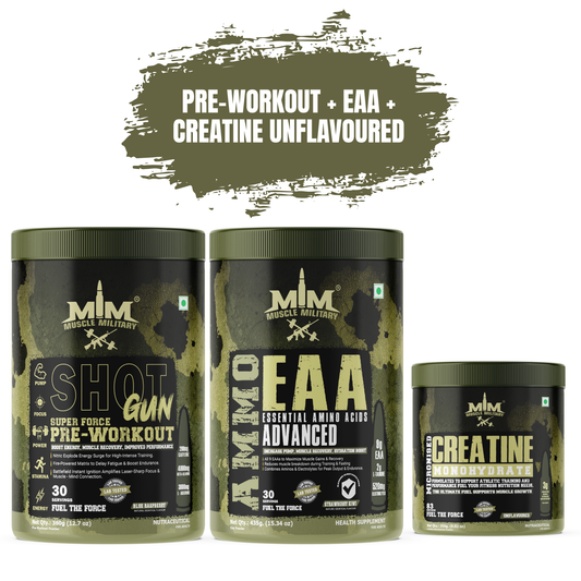 Muscle MIlitary PRE-WORKOUT SHOTGUN + AMMO EAA + Micronised Creatine Monohydrate Unflavoured COMBO