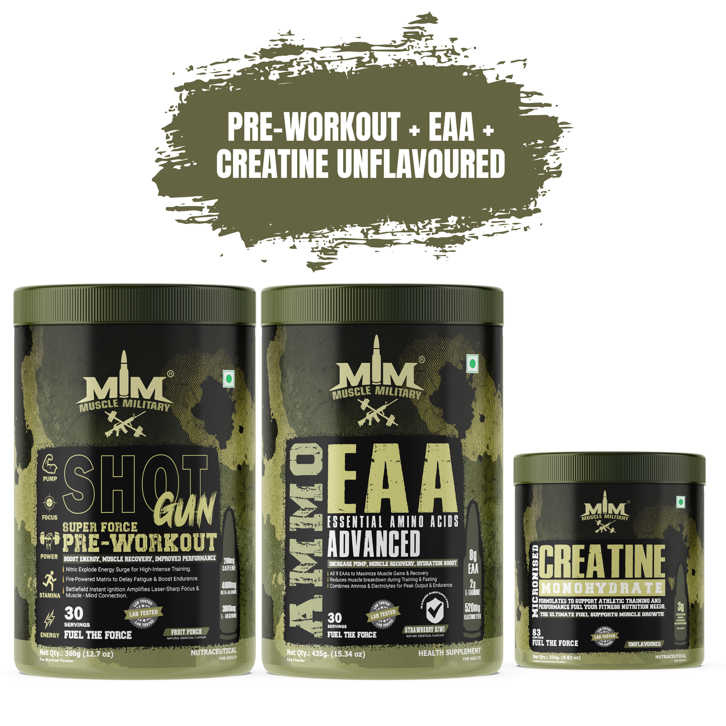 Muscle MIlitary PRE-WORKOUT SHOTGUN + AMMO EAA + Micronised Creatine Monohydrate Unflavoured COMBO