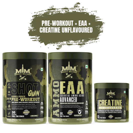 Muscle MIlitary PRE-WORKOUT SHOTGUN + AMMO EAA + Micronised Creatine Monohydrate Unflavoured COMBO