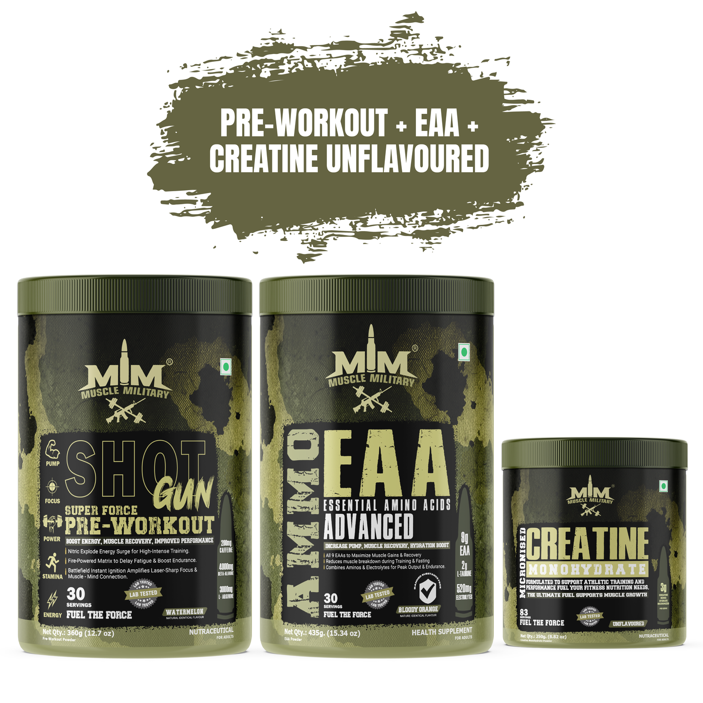 Muscle MIlitary PRE-WORKOUT SHOTGUN + AMMO EAA + Micronised Creatine Monohydrate Unflavoured COMBO