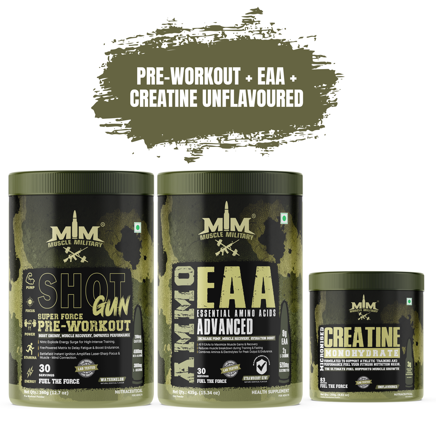 Muscle MIlitary PRE-WORKOUT SHOTGUN + AMMO EAA + Micronised Creatine Monohydrate Unflavoured COMBO