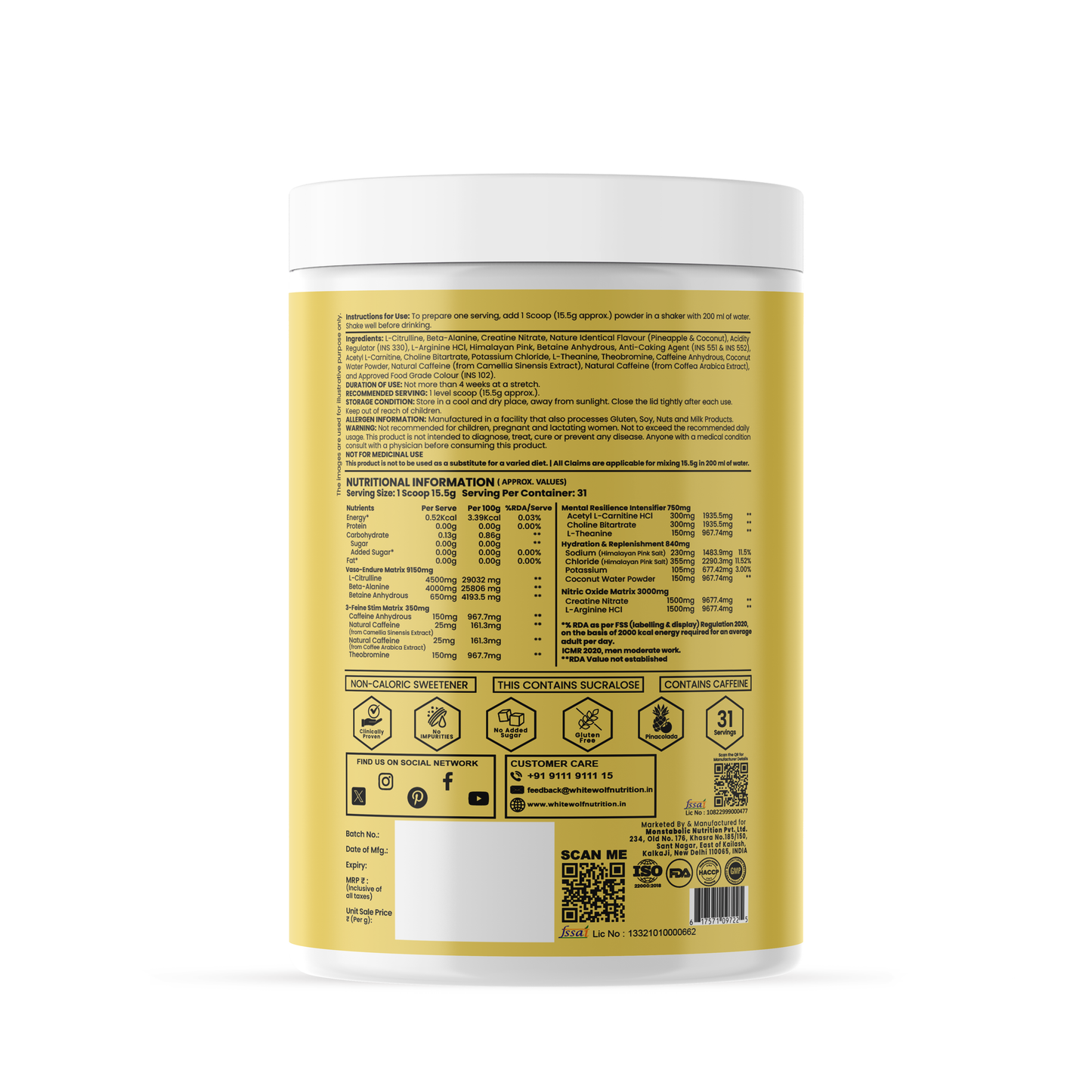 White Wolf - WOLF MODE PreWorkout With Nitric Oxide 15.5G/Serve | Power Mode On | Fuel Your Muscle | Pump Your Muscle 481G Pack