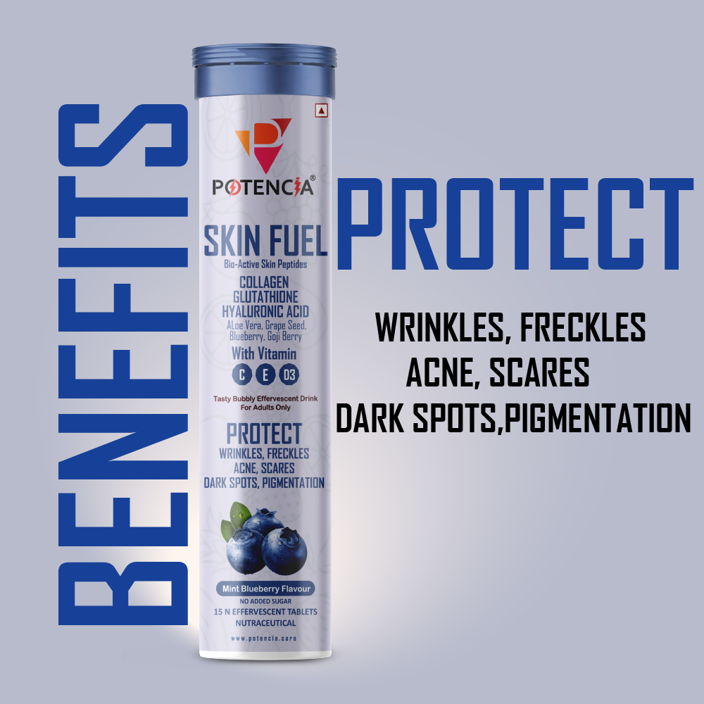 Potencia  ( Pack Of 3 Tubes ) New Skin Fuel Tablets with Collagen, Glutathione & Hyaluronic Acid | Skin Brightening, Anti-Aging, Acne & Pigmentation Support | With Vitamin C, E & D3