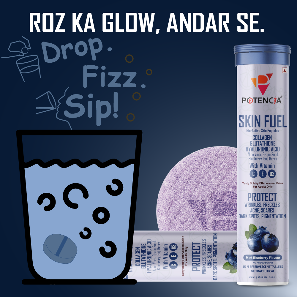 Potencia  ( Pack Of 3 Tubes ) New Skin Fuel Tablets with Collagen, Glutathione & Hyaluronic Acid | Skin Brightening, Anti-Aging, Acne & Pigmentation Support | With Vitamin C, E & D3