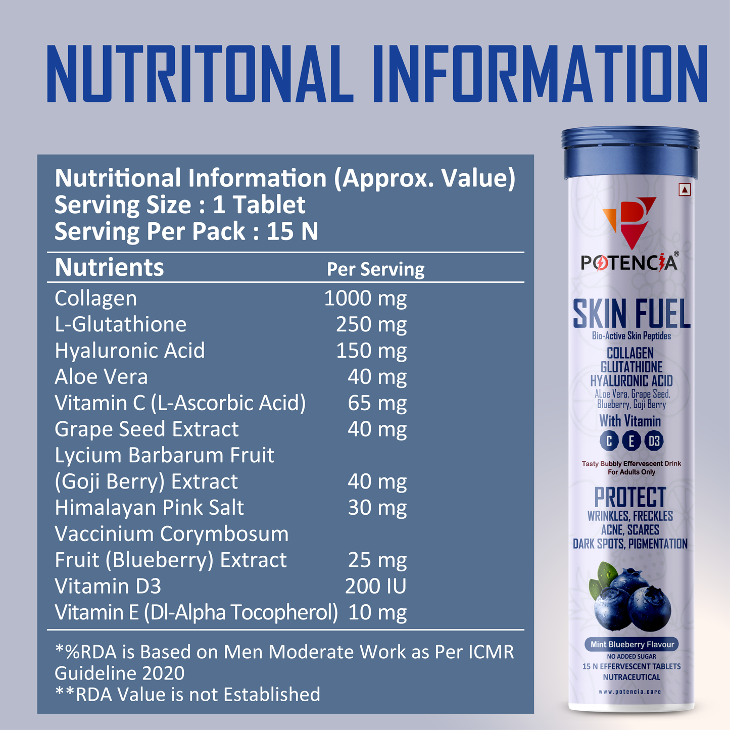 Potencia Care - Skin Fuel Japanese Collagen Peptides, L-Glutathione, Antioxidants | Hyaluronic Acid, | Blueberry & Goji Berry Extract | Aloe Vera | Grape Seed , Vitamin C, D & E