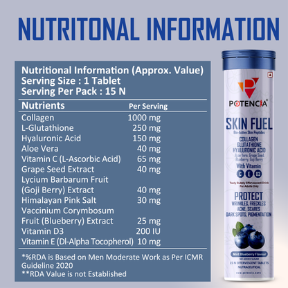 Potencia Care - Skin Fuel Japanese Collagen Peptides, L-Glutathione, Antioxidants | Hyaluronic Acid, | Blueberry & Goji Berry Extract | Aloe Vera | Grape Seed , Vitamin C, D & E