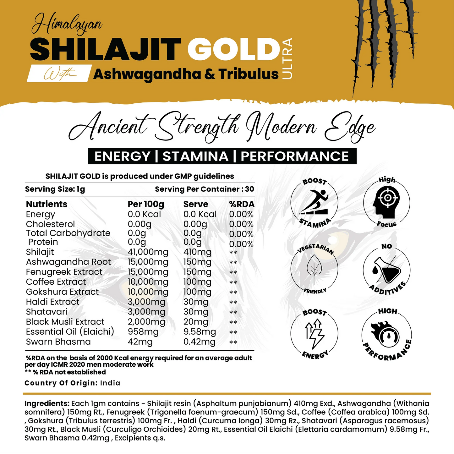 Shilajit Gold Ultra with Ashwagandha & Tribulus | Energy | Stamina | Performance | Sexual Desire*