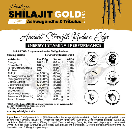 Shilajit Gold Ultra with Ashwagandha & Tribulus | Energy | Stamina | Performance | Sexual Desire*