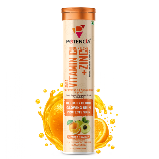 Potencia Amla Vitamin C + Zinc Effervescent Tablets | Immune & Antioxidant Support | Orange Flavour