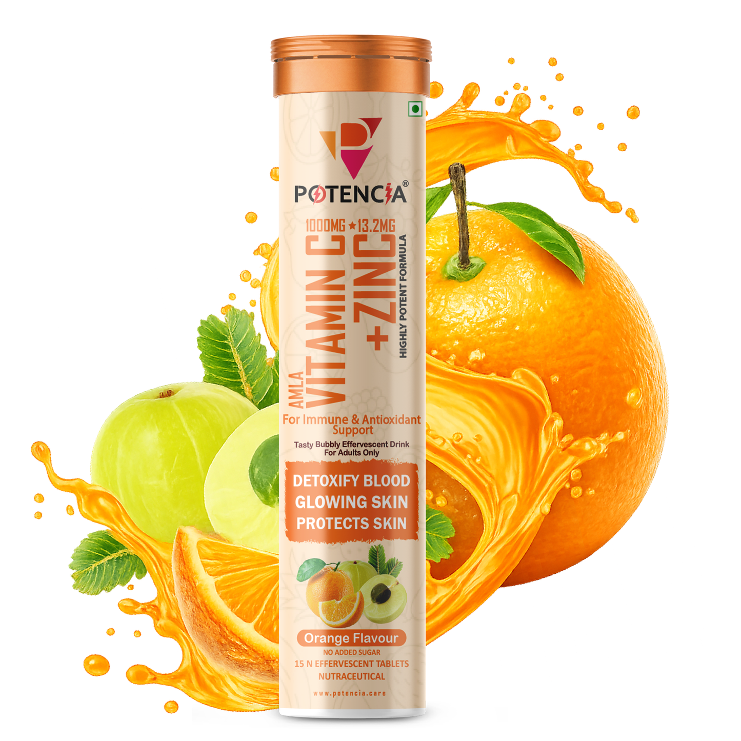Potencia Amla Vitamin C + Zinc Effervescent Tablets | Immune & Antioxidant Support | Orange Flavour