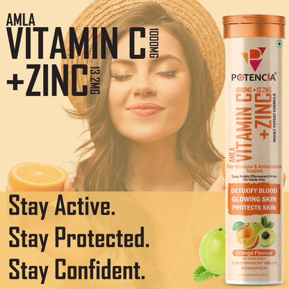 Potencia Amla Vitamin C + Zinc Effervescent Tablets | Immune & Antioxidant Support | Orange Flavour