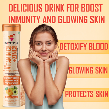 Potencia Amla Vitamin C + Zinc Effervescent Tablets | Immune & Antioxidant Support | Orange Flavour
