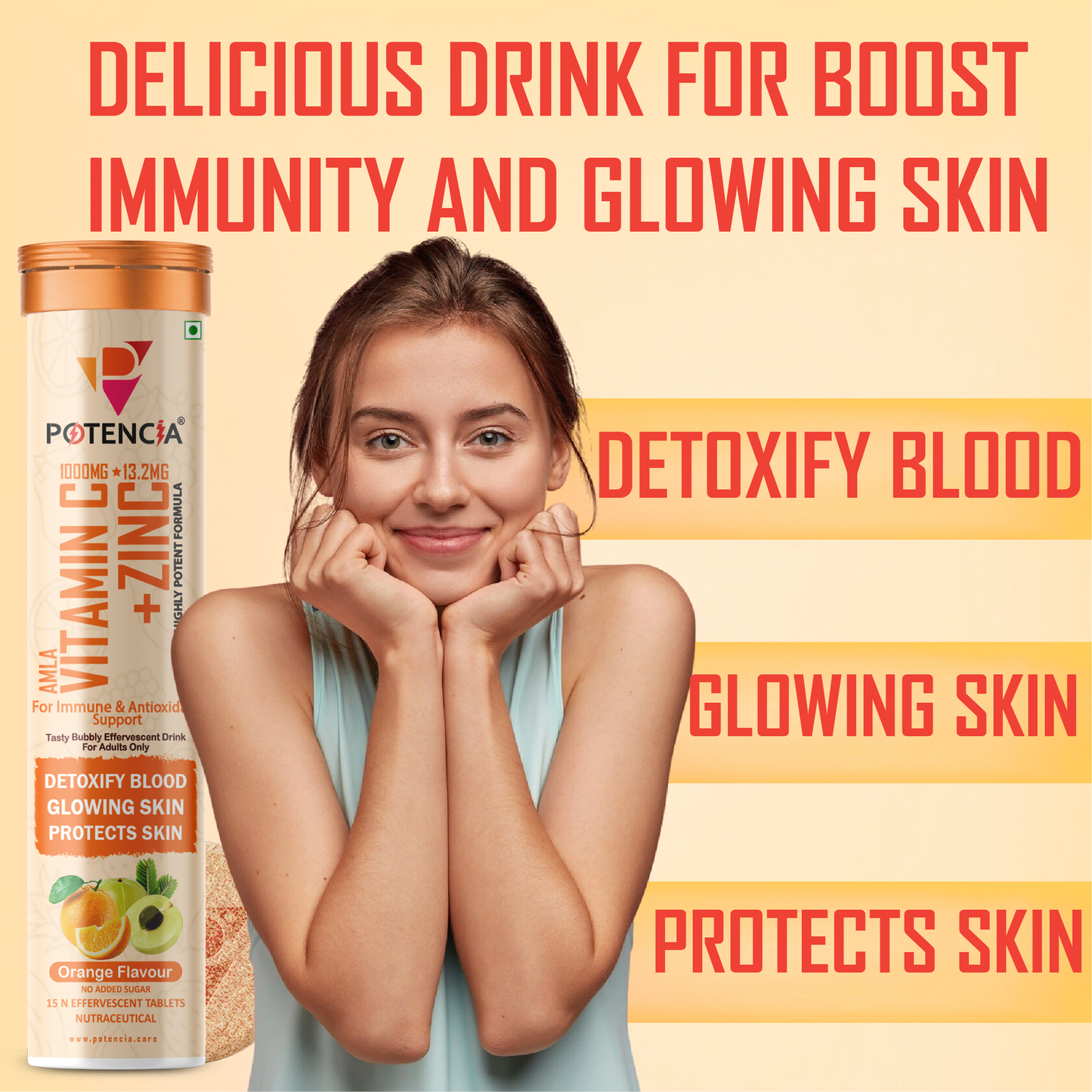 Potencia New Pack of 3 Tubes Amla Vitamin C + Zinc Effervescent Tablets | Immune & Antioxidant Support | Orange Flavour