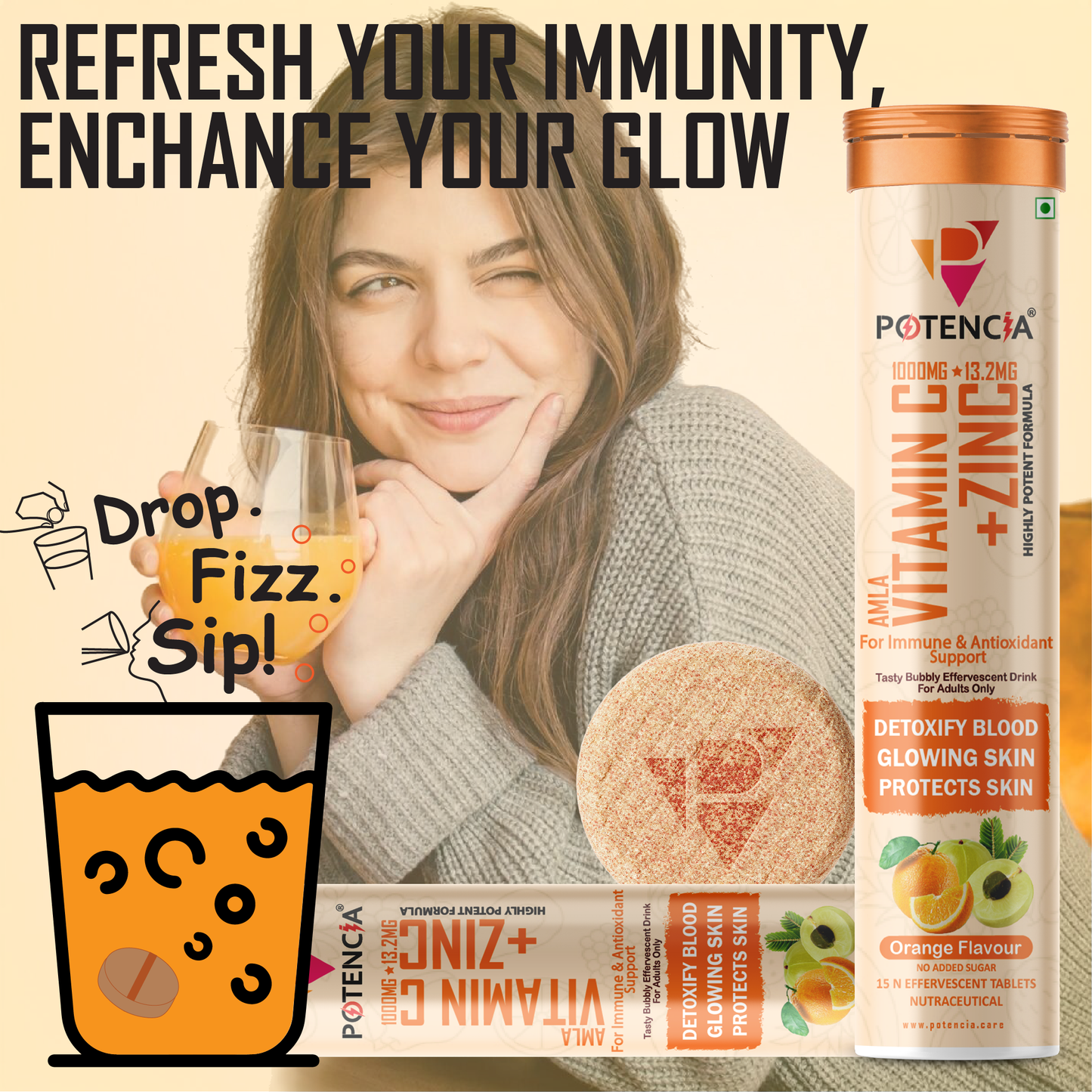 Potencia Amla Vitamin C + Zinc Effervescent Tablets | Immune & Antioxidant Support | Orange Flavour