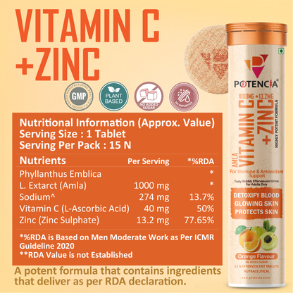 Potencia Amla Vitamin C + Zinc Effervescent Tablets | Immune & Antioxidant Support | Orange Flavour