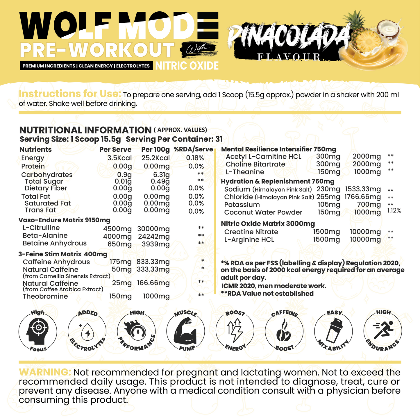 White Wolf - WOLF MODE PreWorkout With Nitric Oxide 15.5G/Serve | Power Mode On | Fuel Your Muscle | Pump Your Muscle 481G Pack