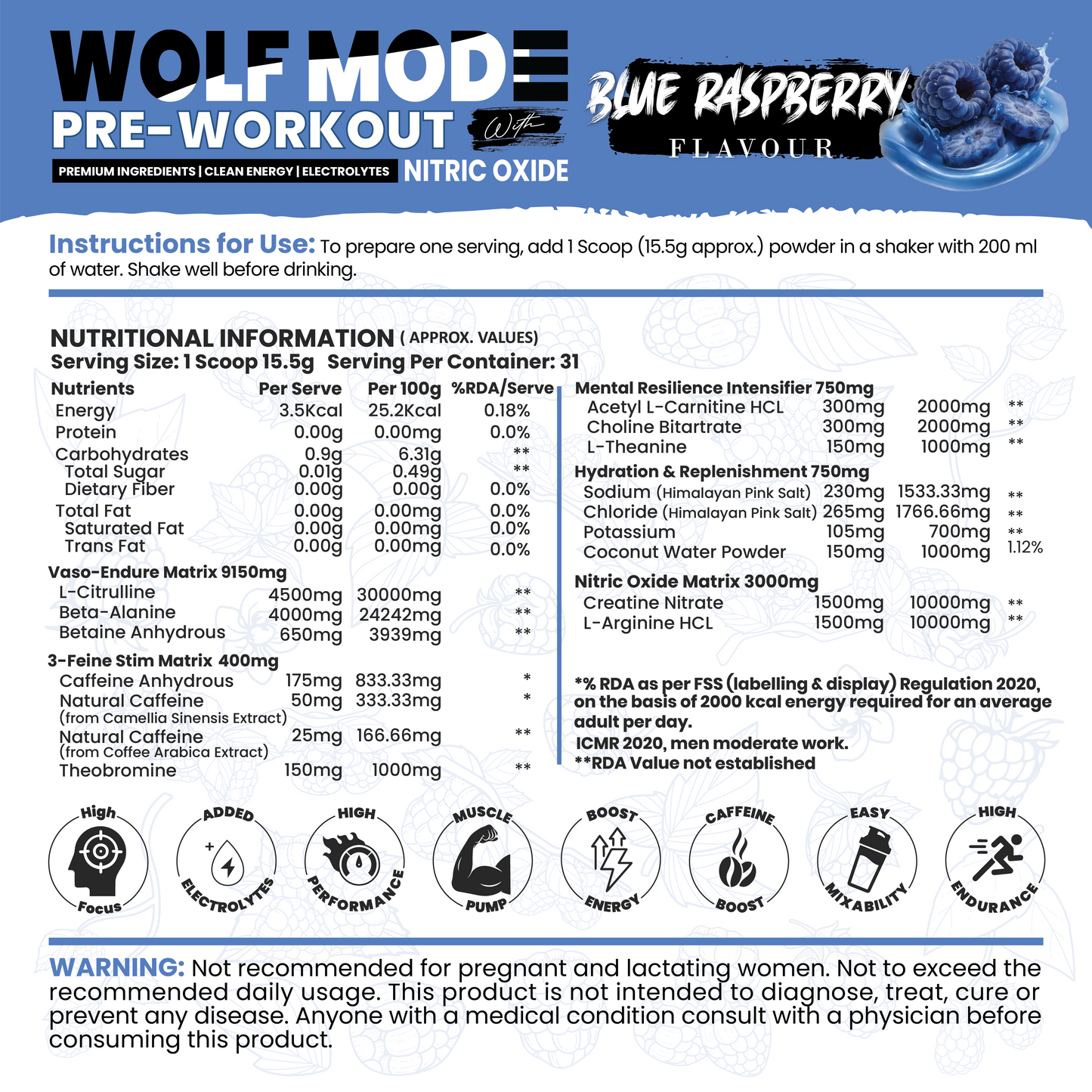 White Wolf - WOLF MODE PreWorkout With Nitric Oxide 15.5G/Serve | Power Mode On | Fuel Your Muscle | Pump Your Muscle 481G Pack