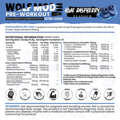 White Wolf - WOLF MODE PreWorkout With Nitric Oxide 15.5G/Serve | Power Mode On | Fuel Your Muscle | Pump Your Muscle 481G Pack