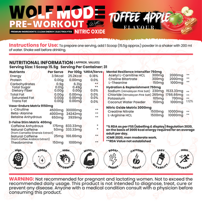 White Wolf - WOLF MODE PreWorkout With Nitric Oxide 15.5G/Serve | Power Mode On | Fuel Your Muscle | Pump Your Muscle 481G Pack