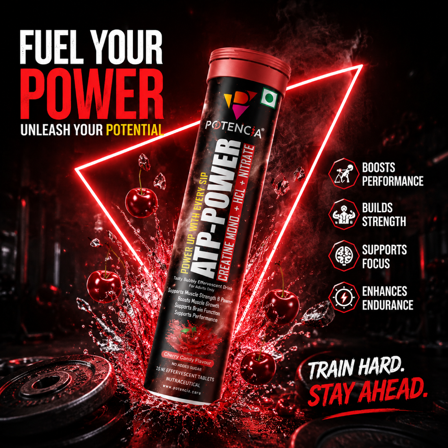 Potencia (Pack of 3) ATP Power Creatine Supplement | Creatine Monohydrate + HCL + Nitrate | Strength & Performance Support | Cherry Candy Flavour | Effervescent Tablets