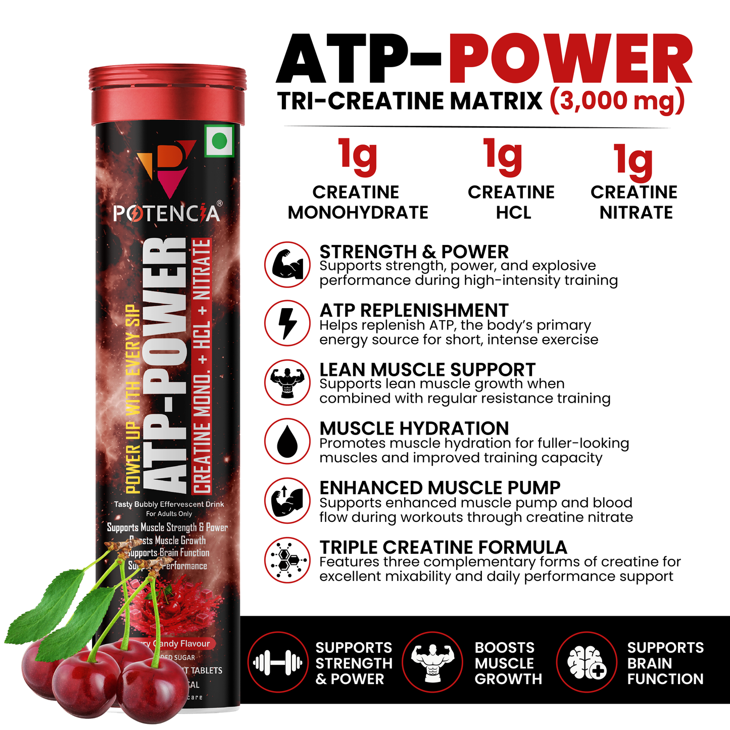 Potencia (Pack of 3) ATP Power Creatine Supplement | Creatine Monohydrate + HCL + Nitrate | Strength & Performance Support | Cherry Candy Flavour | Effervescent Tablets