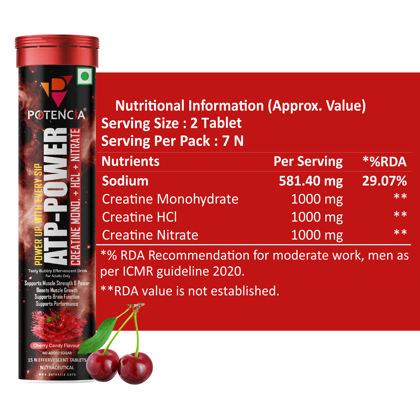 Potencia (Pack of 3) ATP Power Creatine Supplement | Creatine Monohydrate + HCL + Nitrate | Strength & Performance Support | Cherry Candy Flavour | Effervescent Tablets
