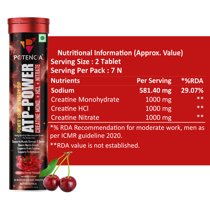 Potencia (Pack of 3) ATP Power Creatine Supplement | Creatine Monohydrate + HCL + Nitrate | Strength & Performance Support | Cherry Candy Flavour | Effervescent Tablets