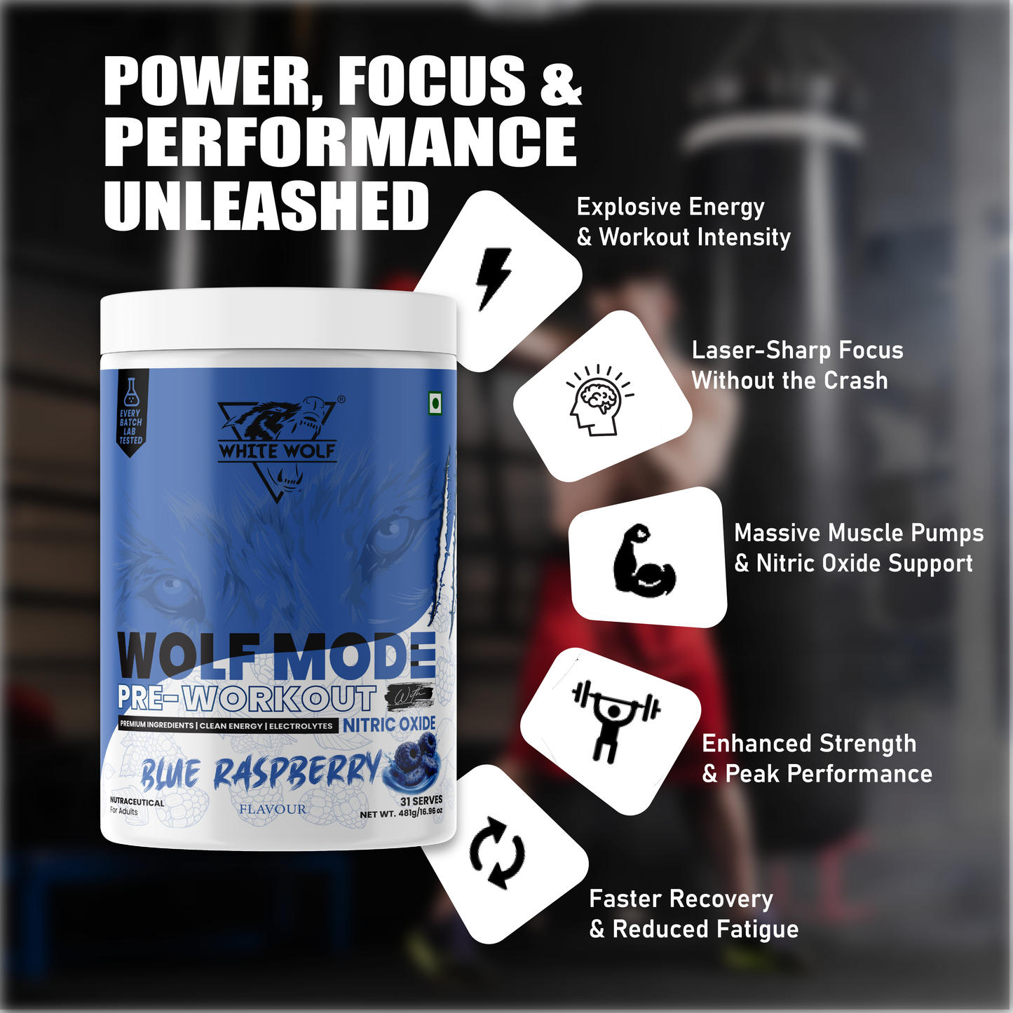 White Wolf - WOLF MODE PreWorkout With Nitric Oxide 15.5G/Serve | Power Mode On | Fuel Your Muscle | Pump Your Muscle 481G Pack