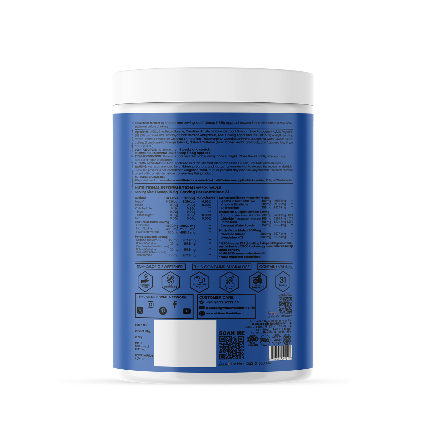 White Wolf - WOLF MODE PreWorkout With Nitric Oxide 15.5G/Serve | Power Mode On | Fuel Your Muscle | Pump Your Muscle 481G Pack