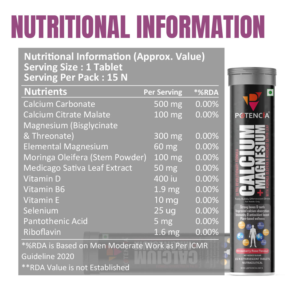 Potencia Calcium + Magnesium Effervescent Tablets | Dual Magnesium & Dual Calcium | With Moringa, Medicago & Sativa | 15 Tabs/Bottle