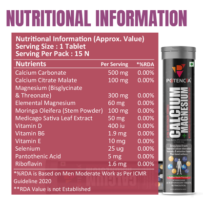 Potencia Calcium + Magnesium Effervescent Tablets | Dual Magnesium & Dual Calcium | With Moringa, Medicago & Sativa | 15 Tabs/Bottle