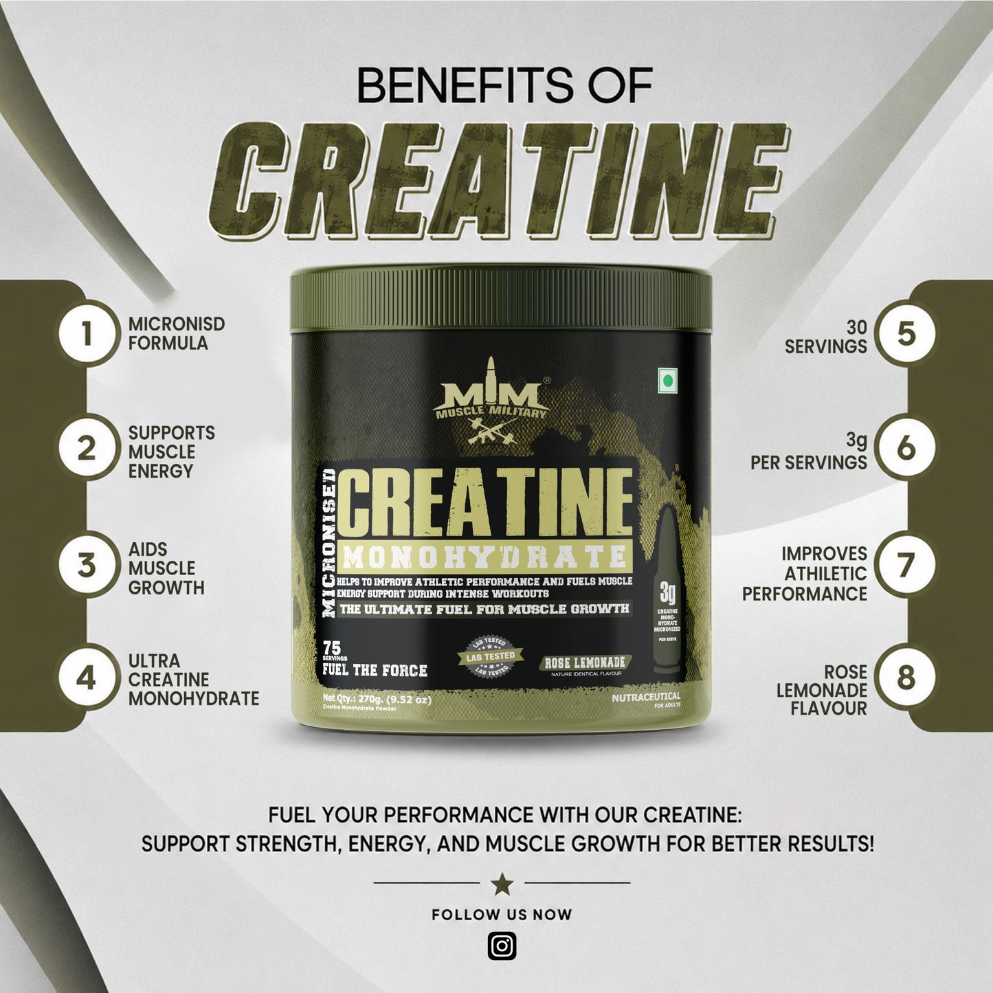 Micronised Creatine Monohydrate Flavoured | 100% Pure Creatine | 3.6g/Serve | 75 Servings