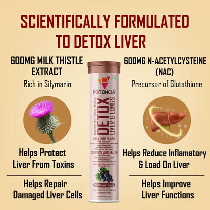 Potencia Liver & Lung Detox Effervescent Tablets | Wild-Grape |10-in-1 Herbal Cleanse with Milk Thistle, NAC, Ginseng, Turmeric & Astaxanthin | Wild - Grape Supports Liver Health, Lung Detox & Immunity | 15 Tabs/Bottle