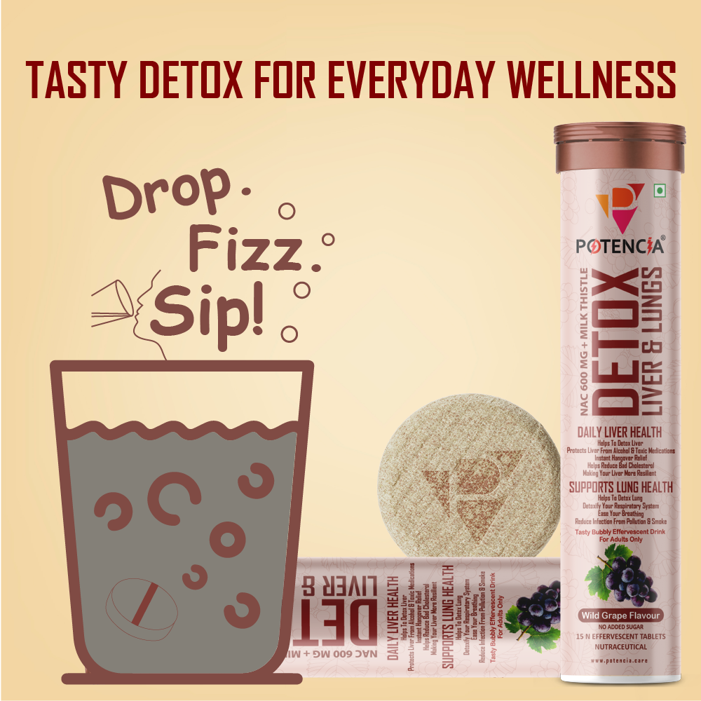 Potencia Liver & Lung Detox Effervescent Tablets | Wild-Grape |10-in-1 Herbal Cleanse with Milk Thistle, NAC, Ginseng, Turmeric & Astaxanthin | Wild - Grape Supports Liver Health, Lung Detox & Immunity | 15 Tabs/Bottle