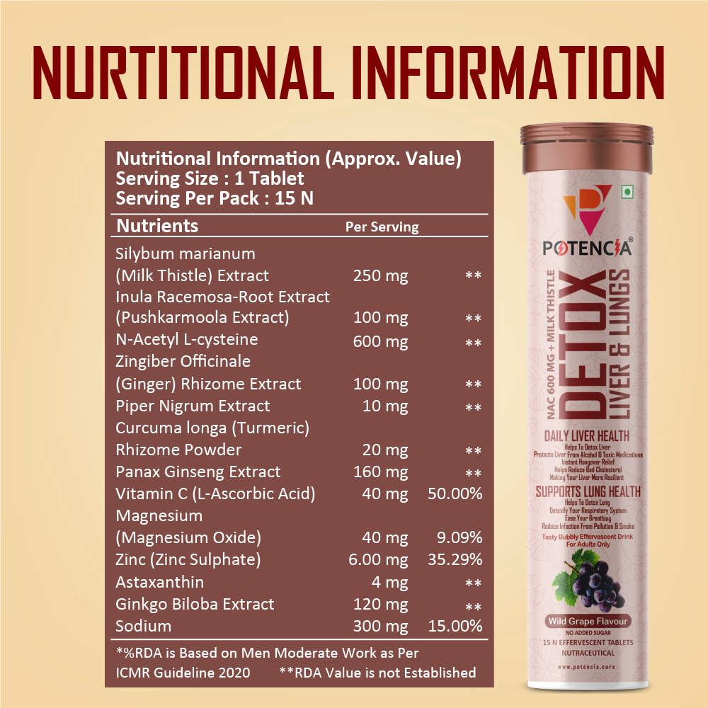 Potencia Liver & Lung Detox Effervescent Tablets | Wild-Grape |10-in-1 Herbal Cleanse with Milk Thistle, NAC, Ginseng, Turmeric & Astaxanthin | Wild - Grape Supports Liver Health, Lung Detox & Immunity | 15 Tabs/Bottle