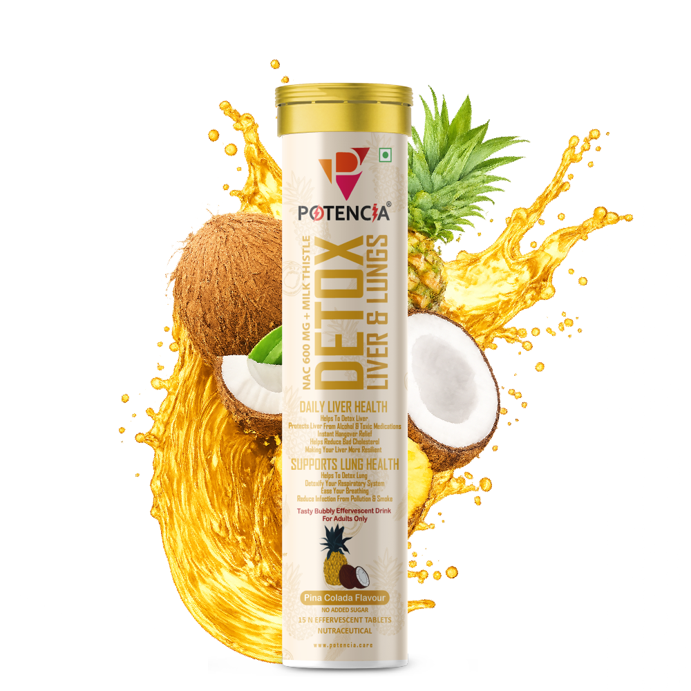 Potencia Liver & Lung Detox Effervescent Tablets | Pinacolada | 10-in-1 Herbal Cleanse with Milk Thistle, NAC, Ginseng, Turmeric & Astaxanthin | Supports Liver Health, Lung Detox & Immunity | 15 Tabs/Bottle