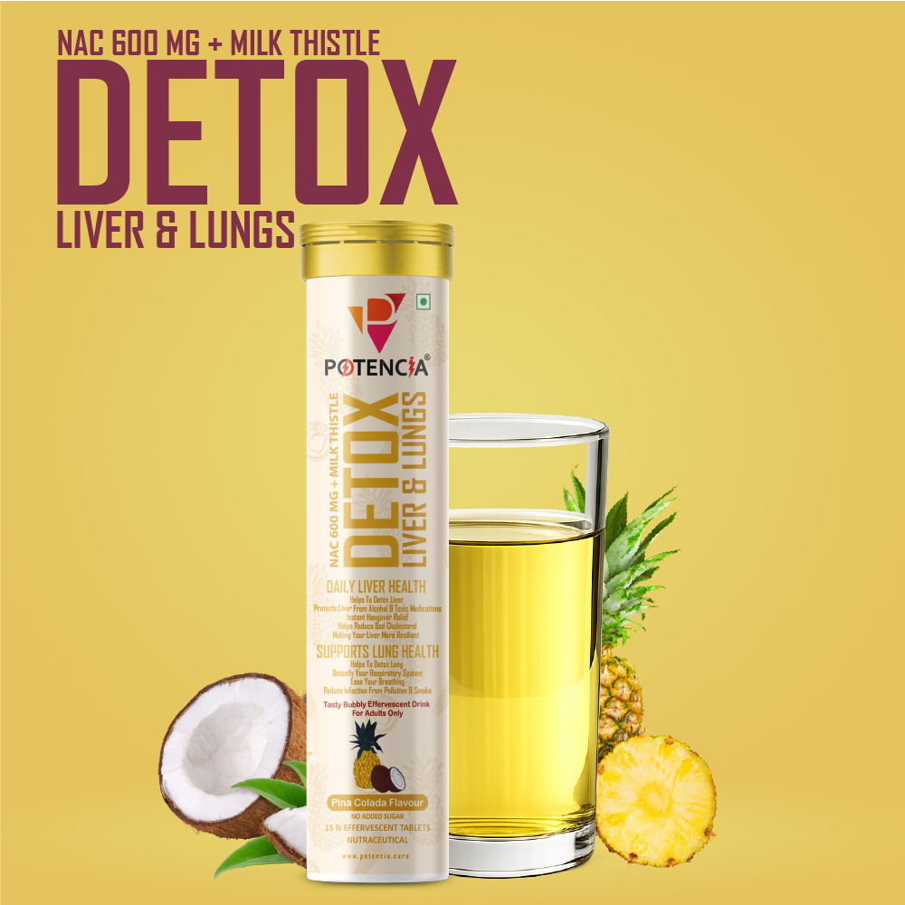 Potencia Liver & Lung Detox Effervescent Tablets | Pinacolada | 10-in-1 Herbal Cleanse with Milk Thistle, NAC, Ginseng, Turmeric & Astaxanthin | Supports Liver Health, Lung Detox & Immunity | 15 Tabs/Bottle