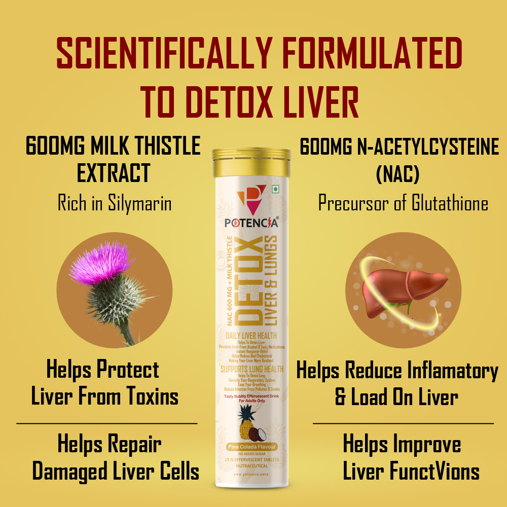 Potencia Liver & Lung Detox Effervescent Tablets | Pinacolada | 10-in-1 Herbal Cleanse with Milk Thistle, NAC, Ginseng, Turmeric & Astaxanthin | Supports Liver Health, Lung Detox & Immunity | 15 Tabs/Bottle