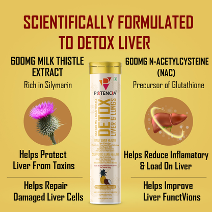 Potencia Liver & Lung Detox Effervescent Tablets | Pinacolada | 10-in-1 Herbal Cleanse with Milk Thistle, NAC, Ginseng, Turmeric & Astaxanthin | Supports Liver Health, Lung Detox & Immunity | 15 Tabs/Bottle