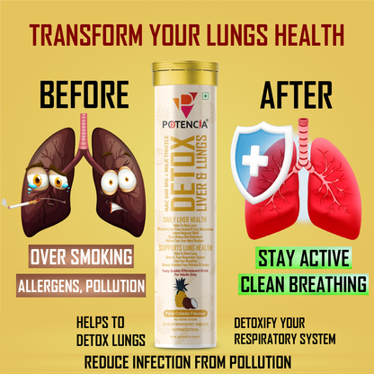 Potencia Liver & Lung Detox Effervescent Tablets | Pinacolada | 10-in-1 Herbal Cleanse with Milk Thistle, NAC, Ginseng, Turmeric & Astaxanthin | Supports Liver Health, Lung Detox & Immunity | 15 Tabs/Bottle