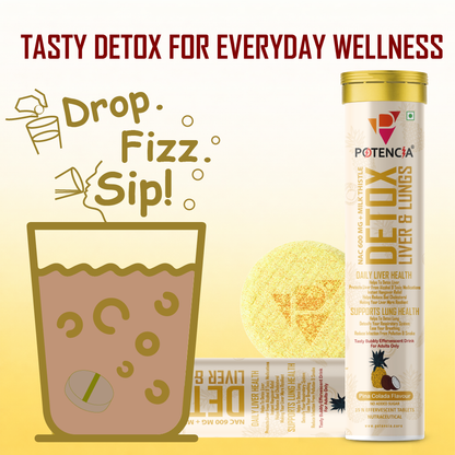 Potencia Liver & Lung Detox Effervescent Tablets | Pinacolada | 10-in-1 Herbal Cleanse with Milk Thistle, NAC, Ginseng, Turmeric & Astaxanthin | Supports Liver Health, Lung Detox & Immunity | 15 Tabs/Bottle