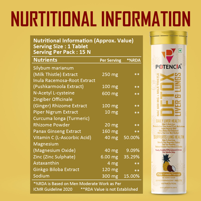 Potencia Liver & Lung Detox Effervescent Tablets | Pinacolada | 10-in-1 Herbal Cleanse with Milk Thistle, NAC, Ginseng, Turmeric & Astaxanthin | Supports Liver Health, Lung Detox & Immunity | 15 Tabs/Bottle