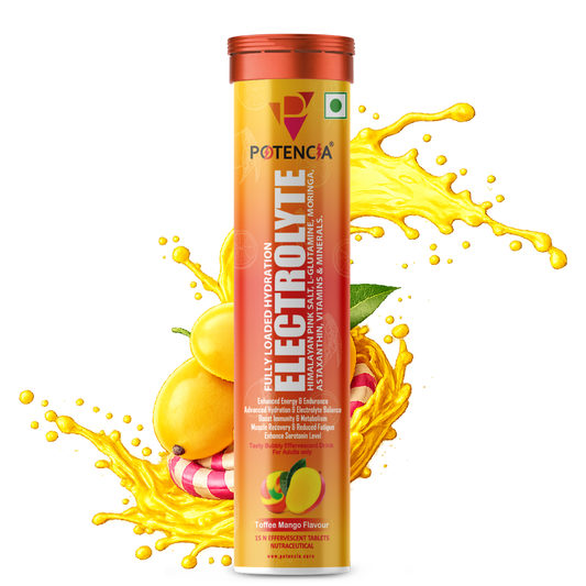 Potencia Electrolyte Hydration Effervescent Tablets | Toffee Mango | With Glutamine, Moringa, Astaxanthin, Biotin & Himalayan Pink Salt | 15 Tabs/Bottle