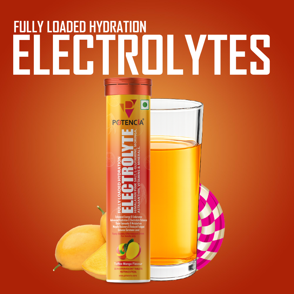 Potencia Electrolyte Hydration Effervescent Tablets | Toffee Mango | With Glutamine, Moringa, Astaxanthin, Biotin & Himalayan Pink Salt | 15 Tabs/Bottle